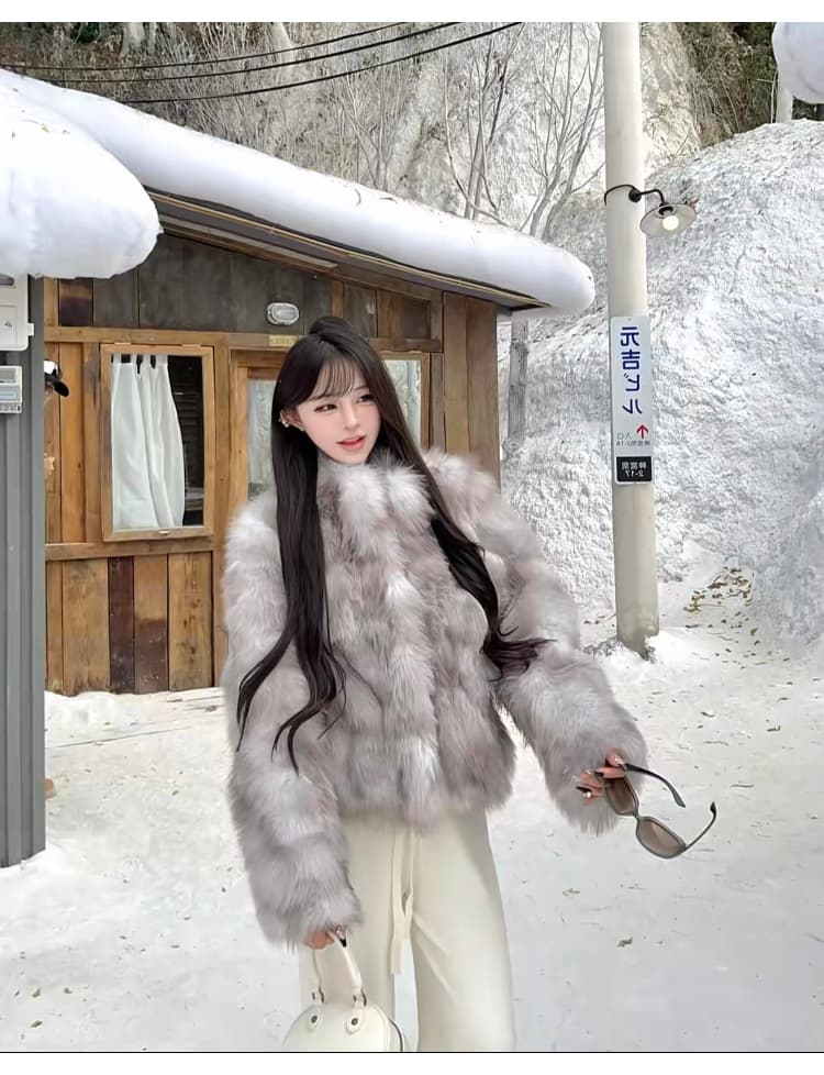 여성 스타 폭스 환경 보호 폭스 배 털 모피 재킷 여성 더블 색 후광 염색 스탠드 칼라 겨울 모방 모피 코트 상세 이미지 25