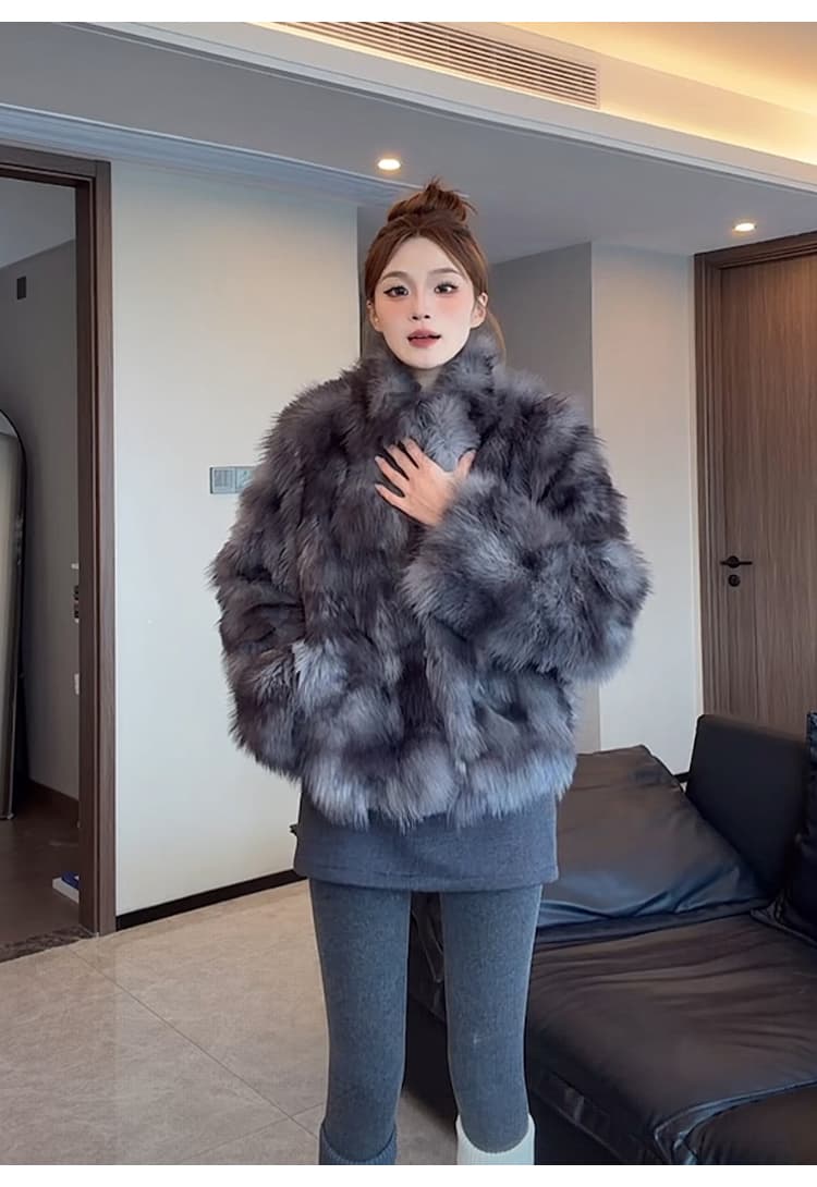 여성 스타 폭스 환경 보호 폭스 배 털 모피 재킷 여성 더블 색 후광 염색 스탠드 칼라 겨울 모방 모피 코트 상세 이미지 35