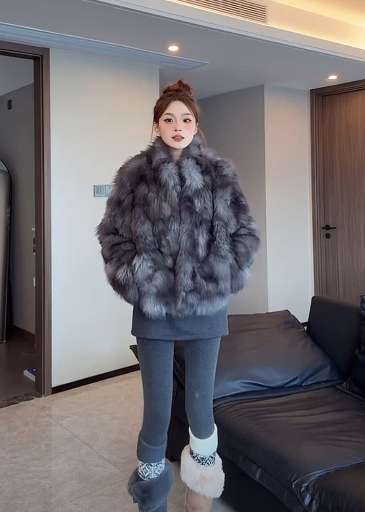 여성 스타 폭스 환경 보호 폭스 배 털 모피 재킷 여성 더블 색 후광 염색 스탠드 칼라 겨울 모방 모피 코트 상세 이미지 36
