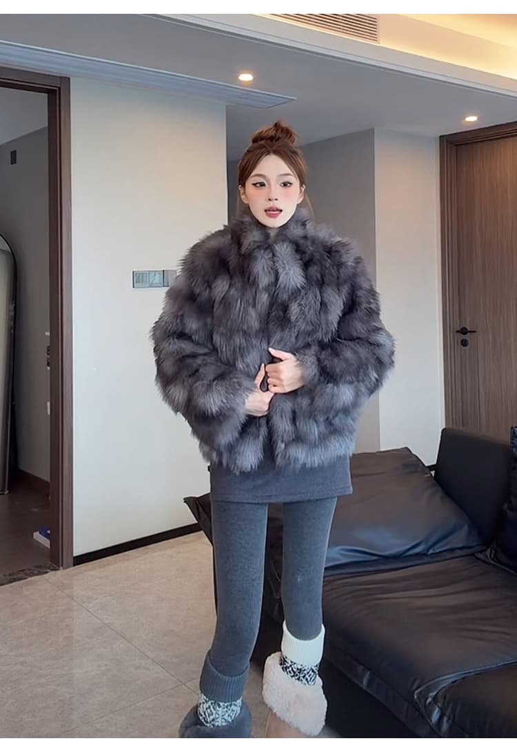 여성 스타 폭스 환경 보호 폭스 배 털 모피 재킷 여성 더블 색 후광 염색 스탠드 칼라 겨울 모방 모피 코트 상세 이미지 37