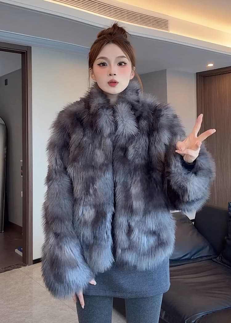 여성 스타 폭스 환경 보호 폭스 배 털 모피 재킷 여성 더블 색 후광 염색 스탠드 칼라 겨울 모방 모피 코트 상세 이미지 38