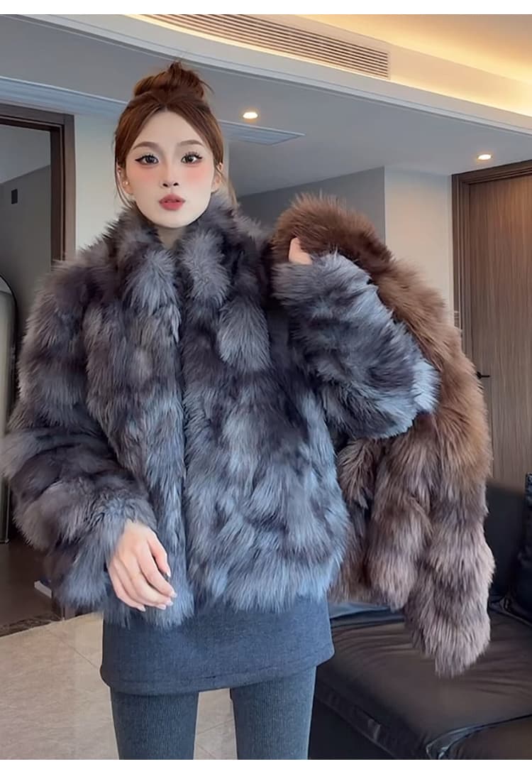 여성 스타 폭스 환경 보호 폭스 배 털 모피 재킷 여성 더블 색 후광 염색 스탠드 칼라 겨울 모방 모피 코트 상세 이미지 39