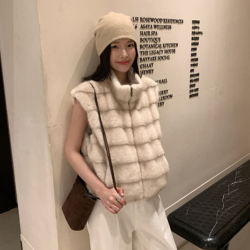 레트로 스타일 스탠드 칼라 모방 밍크 코트 조끼 여자 가을 겨울철 품격 보온 민소매 모피 지퍼 재킷