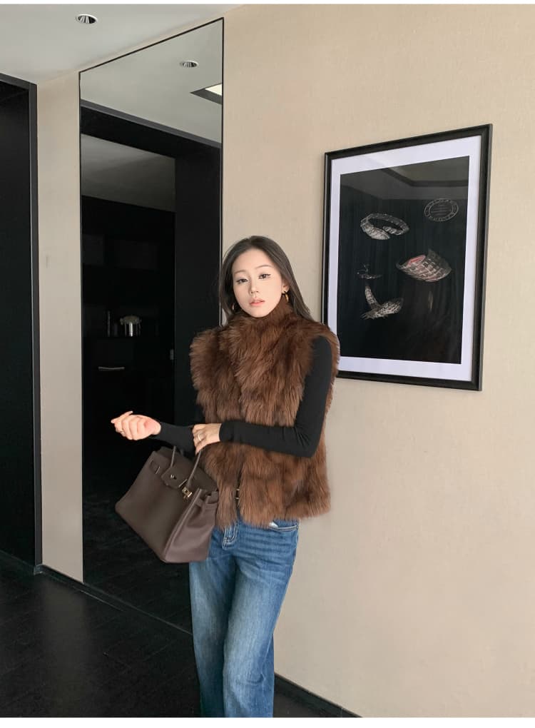 패션 환경 보호 털 모피 민소매 베스트 여성 코트 겨울 스택 착용 보온 어깨 조끼 품격 조끼 맨위 상세 이미지 21