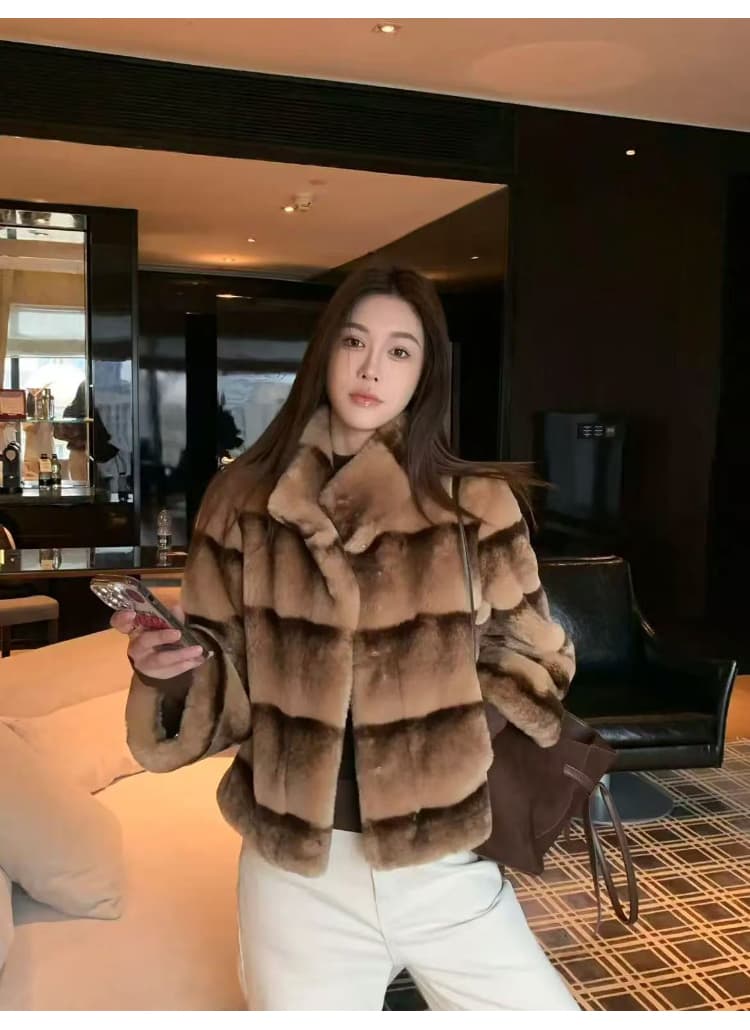 겨울 한국 스타일 새로운 고급 맞춤 모방 렉스 토끼 모피 더블 색상 그라데이션 수공 렌더링 쇼트 스타일 스탠드 칼라 여성 상세 이미지 2