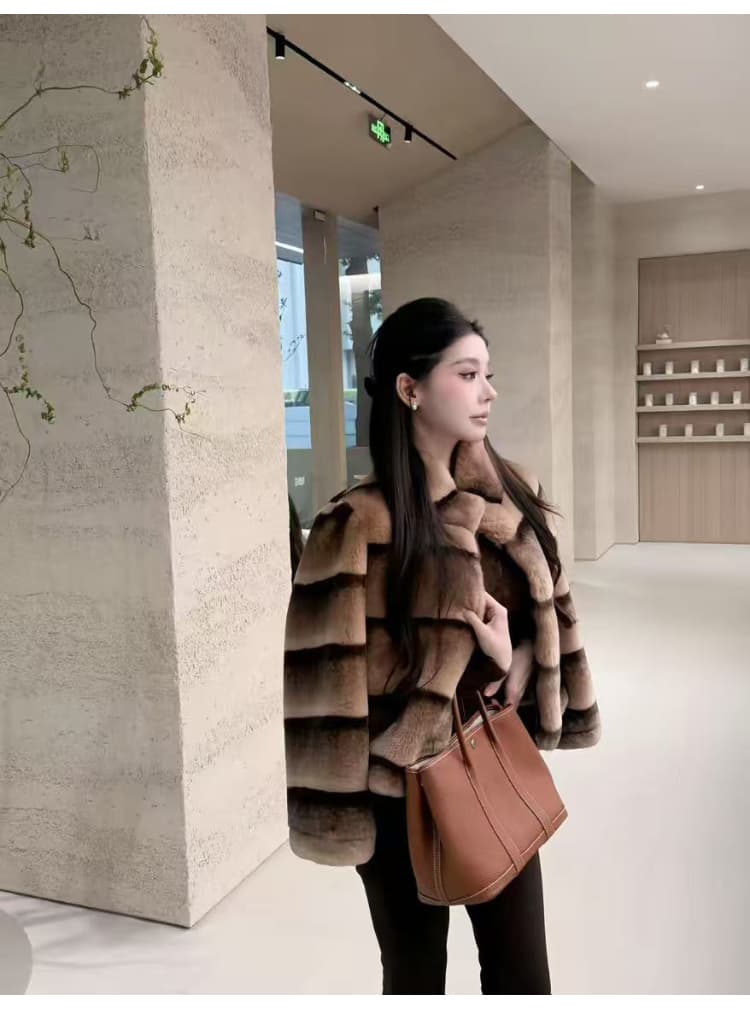 겨울 한국 스타일 새로운 고급 맞춤 모방 렉스 토끼 모피 더블 색상 그라데이션 수공 렌더링 쇼트 스타일 스탠드 칼라 여성 상세 이미지 7