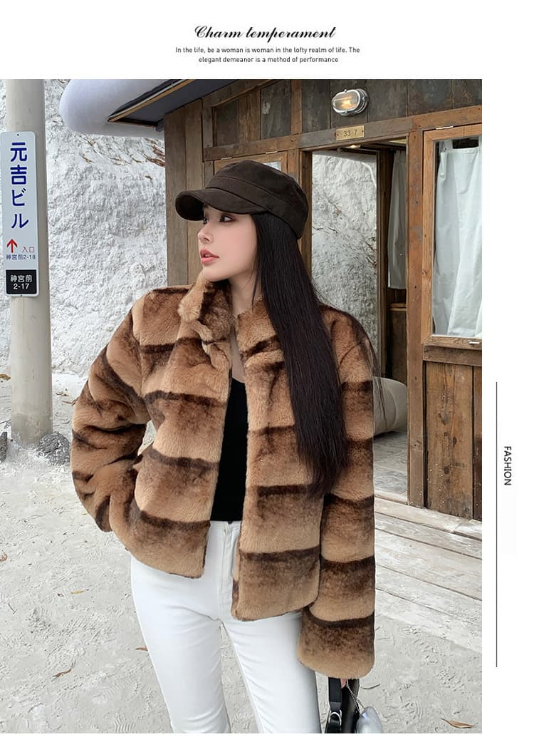 실사 고급 맞춤 스탠드 칼라 모방 렉스 토끼 모피 더블 색상 그라데이션 수공 렌더링 쇼트 스타일 한국 스타일 겨울 새로운 여성 상세 이미지 5