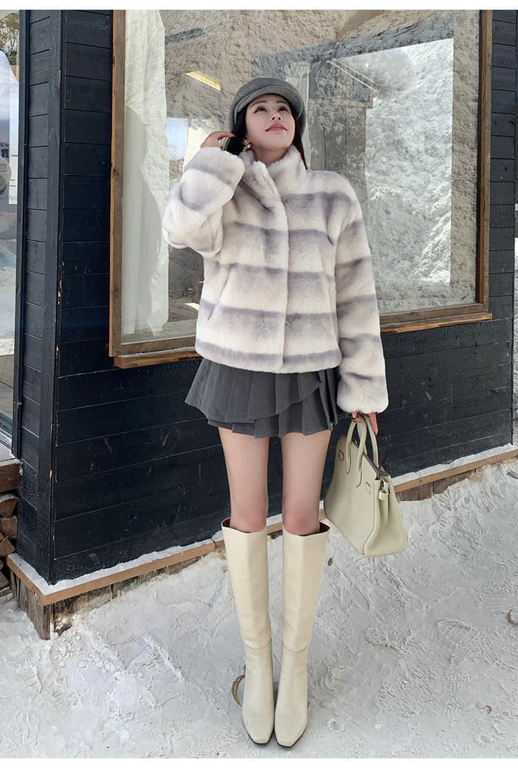 실사 고급 맞춤 스탠드 칼라 모방 렉스 토끼 모피 더블 색상 그라데이션 수공 렌더링 쇼트 스타일 한국 스타일 겨울 새로운 여성 상세 이미지 15