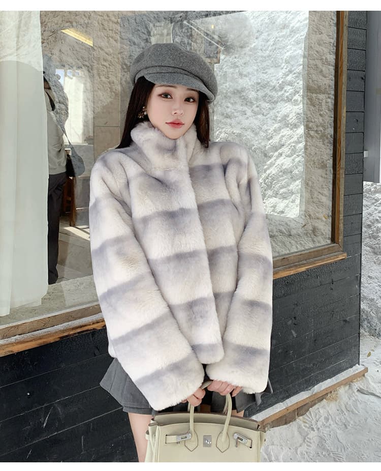 실사 고급 맞춤 스탠드 칼라 모방 렉스 토끼 모피 더블 색상 그라데이션 수공 렌더링 쇼트 스타일 한국 스타일 겨울 새로운 여성 상세 이미지 16