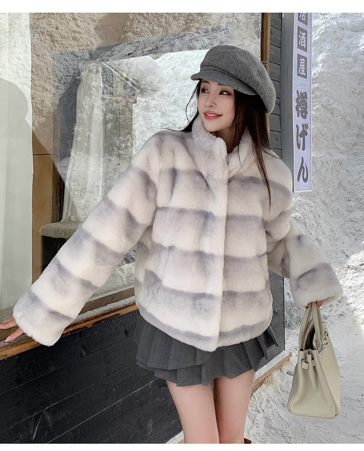 실사 고급 맞춤 스탠드 칼라 모방 렉스 토끼 모피 더블 색상 그라데이션 수공 렌더링 쇼트 스타일 한국 스타일 겨울 새로운 여성 상세 이미지 26