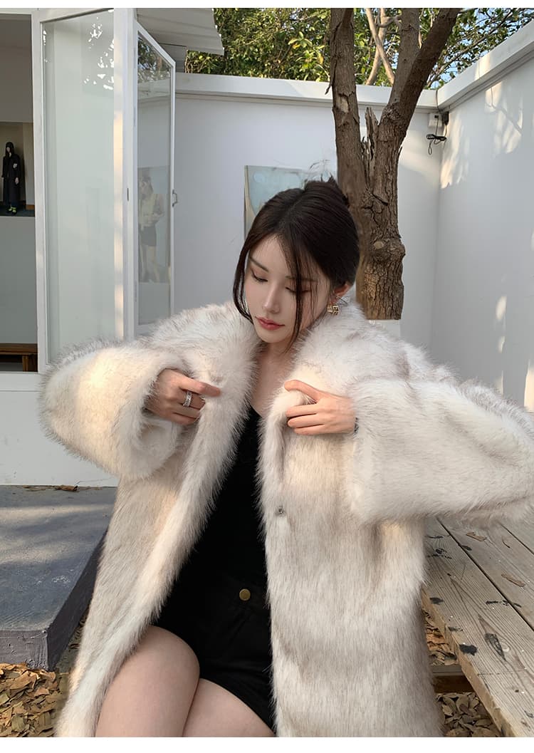실사 신들 소녀 핀란드 환경 보호 여우털 모피 한국 스타일 폴로 칼라 중간 길이 모방 여우털 여성 코트 상세 이미지 16