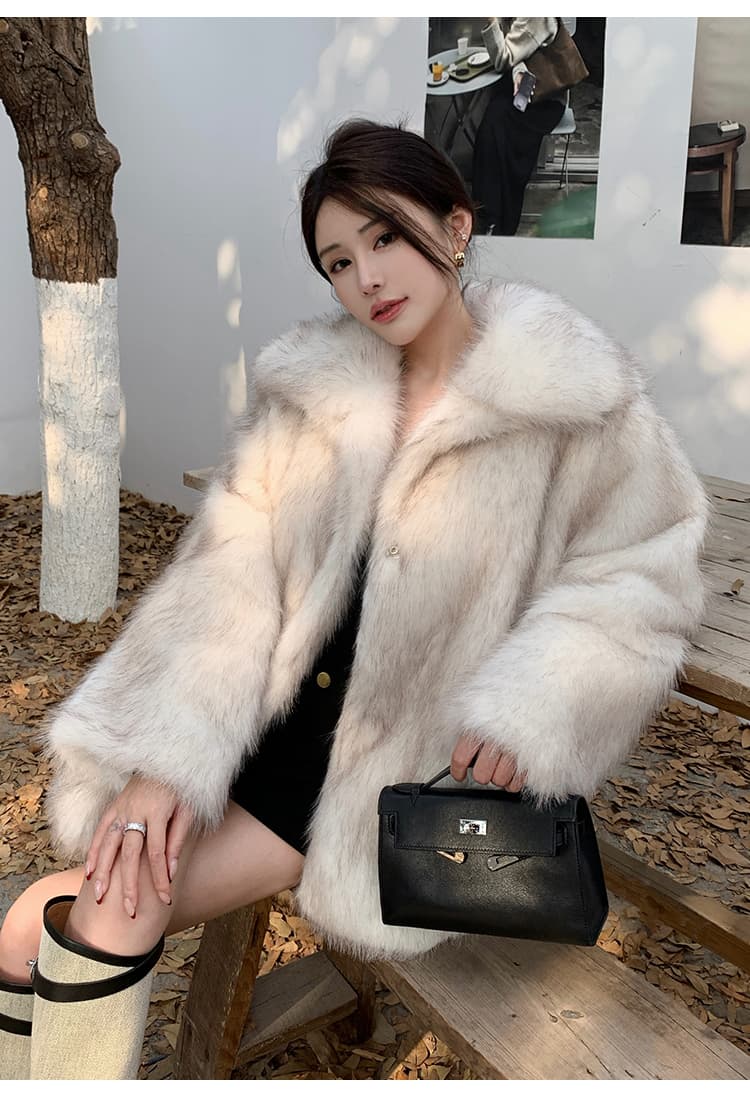 실사 신들 소녀 핀란드 환경 보호 여우털 모피 한국 스타일 폴로 칼라 중간 길이 모방 여우털 여성 코트 상세 이미지 20