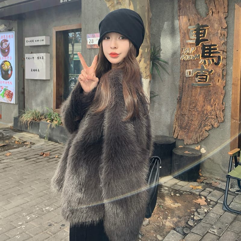 실사 패션 새로운 모카 브라운 환경 보호 핀란드 가져 오기 모방 은 여우털 모피 여성 코트 모피 코트 이미지 2
