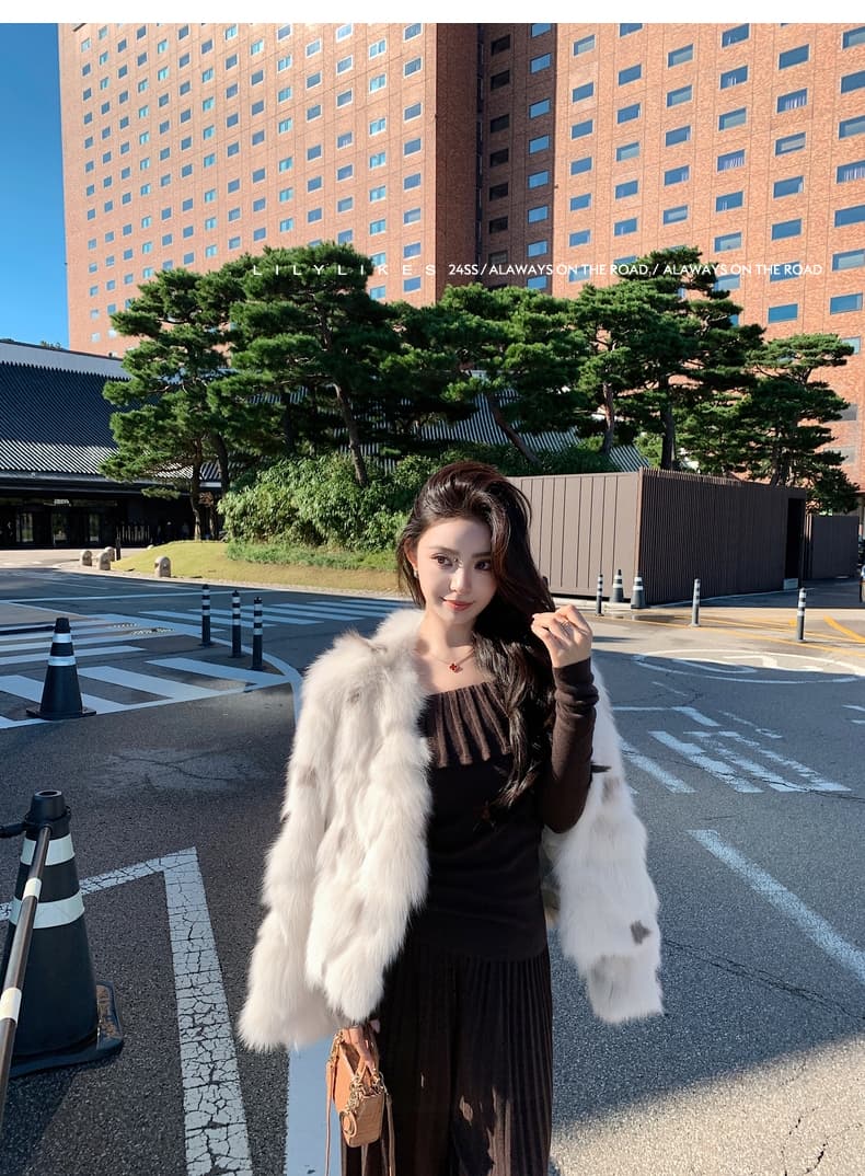 아이슬란드 떠 다니는 눈 핀란드 가져 오기 환경 보호 흰 여우 털 서리 염색 은 점차적으로 층 천 골드 모방 모피 V넥 모피 여성 상세 이미지 13