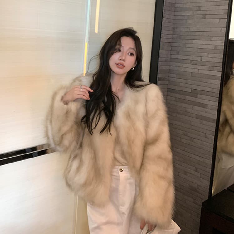겨울 새로운 와니 안 중년 환경 보호 너구리 모피 모피 코트 여성 짧은 슬림해 보이는 모방 모피 여성 코트 이미지 3