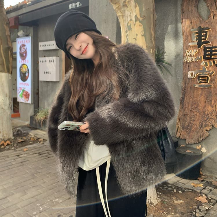 환경 보호 모피 캘리포니아 주 일몰 가져 오기 모방 폭스 여우털 모피 모피 재킷 슬림해 보이는 영 섹션 라운드 넥 겨울 이미지 2