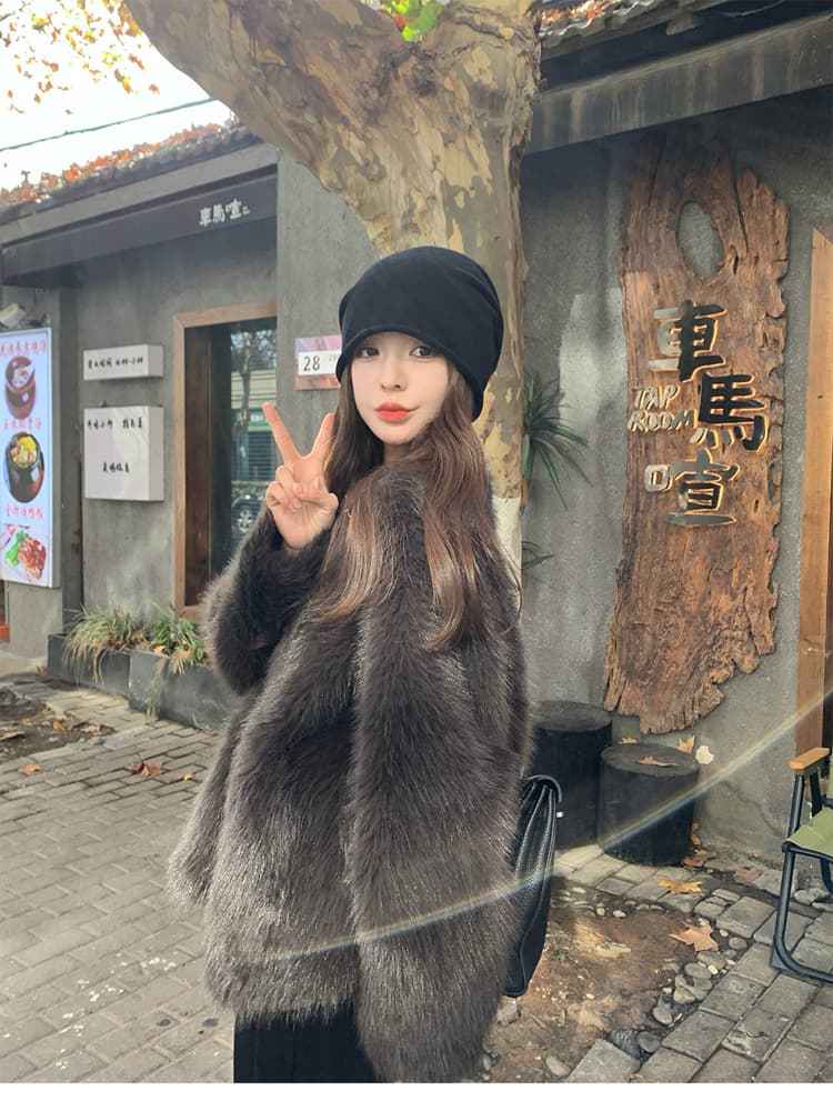 환경 보호 모피 캘리포니아 주 일몰 가져 오기 모방 폭스 여우털 모피 모피 재킷 슬림해 보이는 영 섹션 라운드 넥 겨울 상세 이미지 1