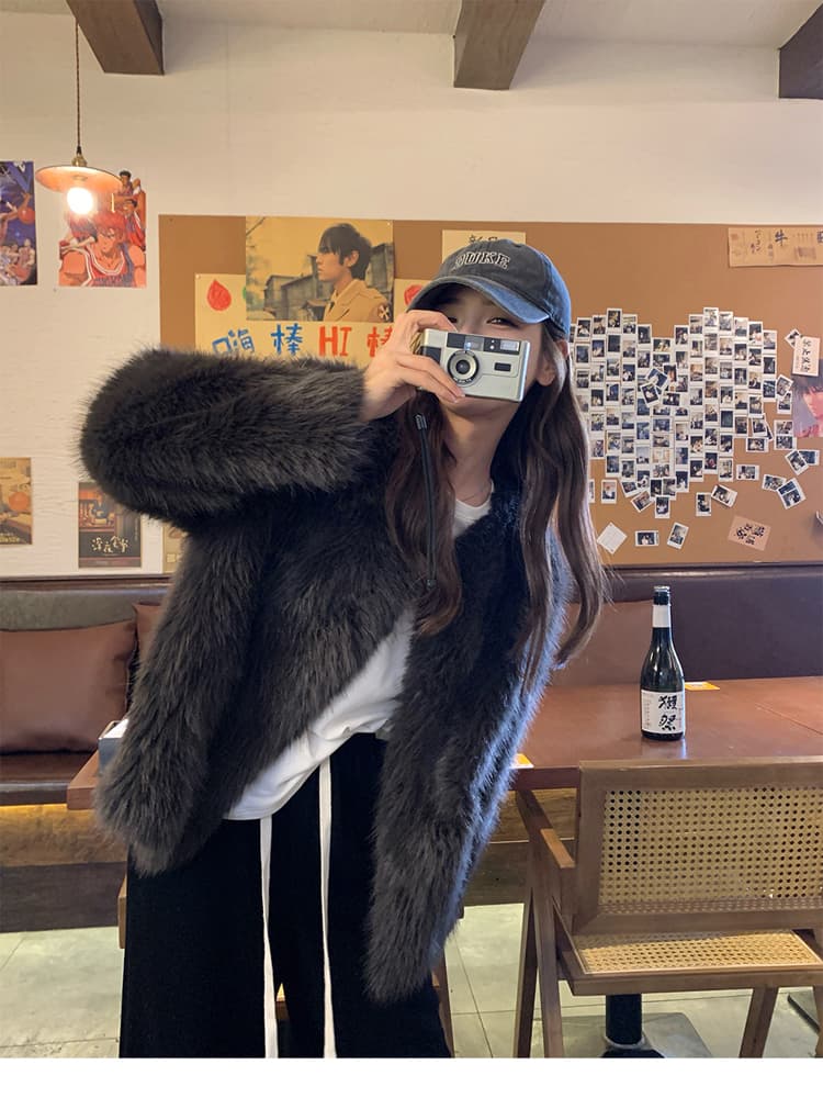 환경 보호 모피 캘리포니아 주 일몰 가져 오기 모방 폭스 여우털 모피 모피 재킷 슬림해 보이는 영 섹션 라운드 넥 겨울 상세 이미지 13