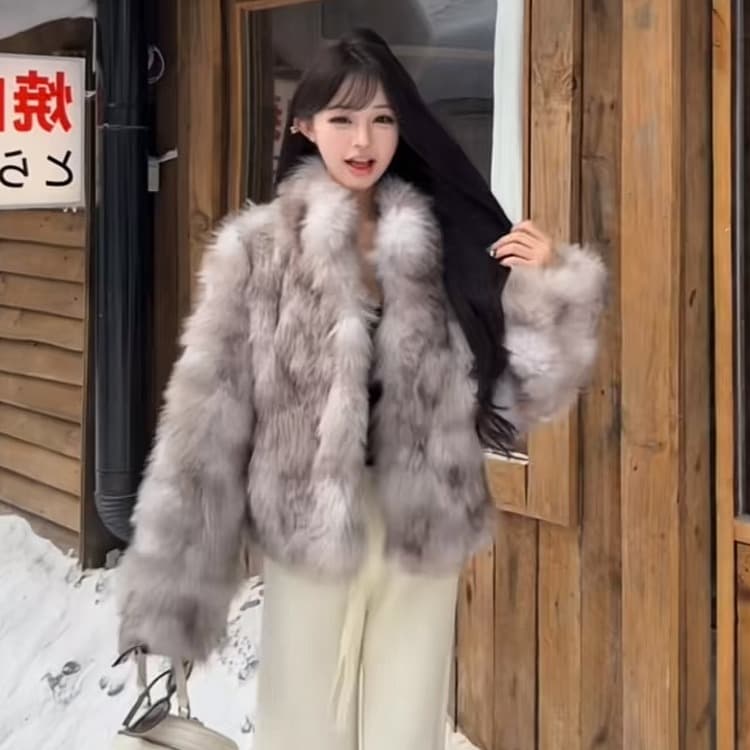 jkichi seeubaby 한국 스타일 레트로 더블 색 후광 염색 스탠드 칼라 환경 보호 털이 많은 품격 외투 여성 이미지 3