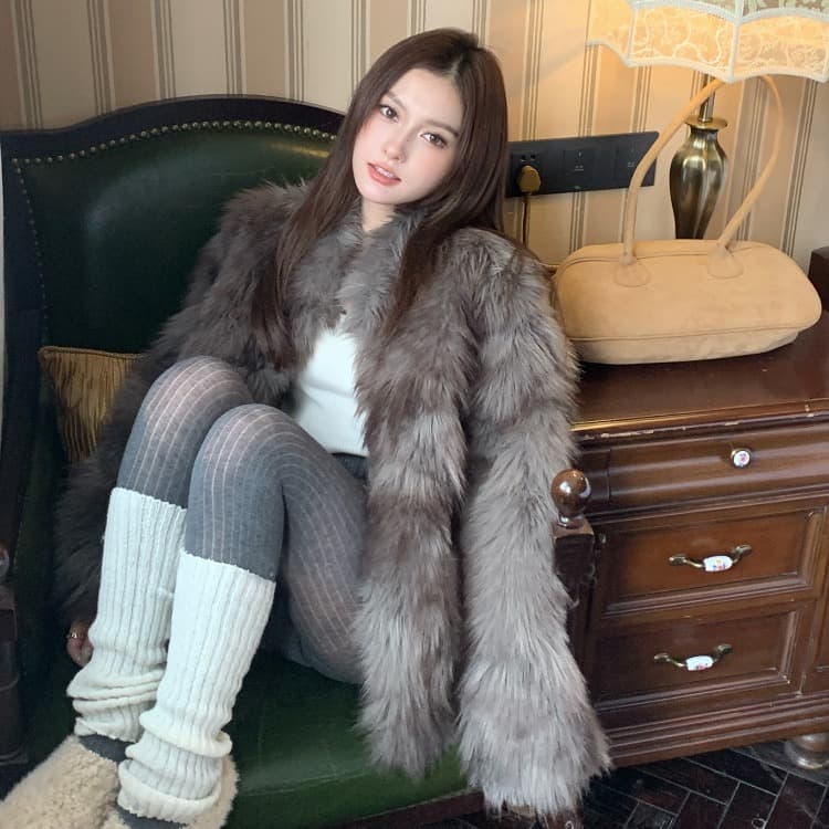 jkichi seeubaby 한국 스타일 레트로 더블 색 후광 염색 스탠드 칼라 환경 보호 털이 많은 품격 외투 여성 이미지 2