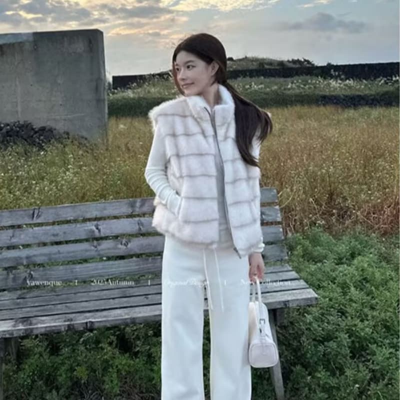 환경 보호 모방 fall 털 모피 베스트 겨울 보온 스탠드 칼라 민소매 플리스 한국 스타일 조끼 여성 코트