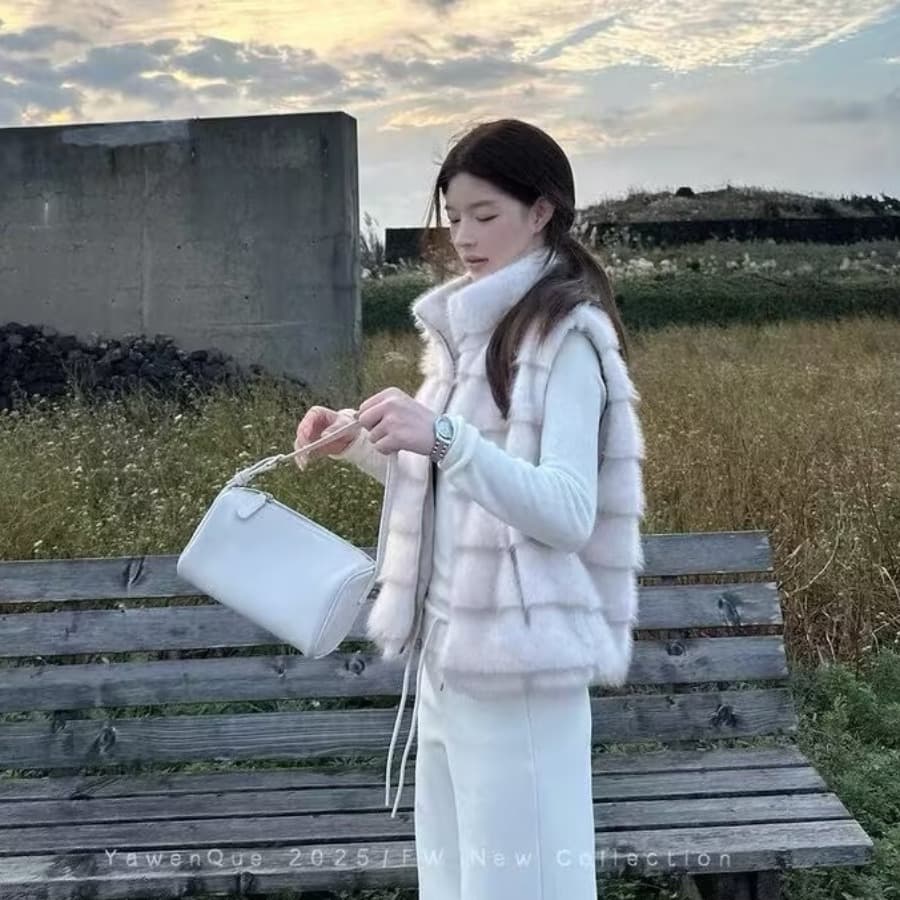 환경 보호 모방 fall 털 모피 베스트 겨울 보온 스탠드 칼라 민소매 플리스 한국 스타일 조끼 여성 코트 이미지 2