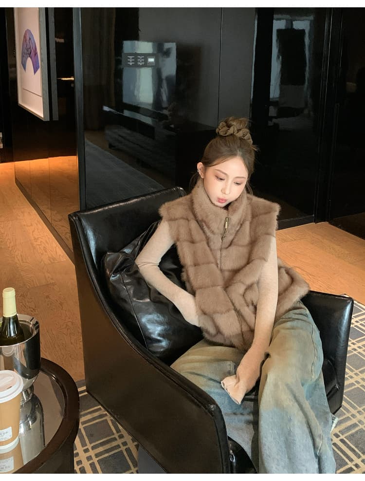 환경 보호 모방 fall 털 모피 베스트 겨울 보온 스탠드 칼라 민소매 플리스 한국 스타일 조끼 여성 코트 상세 이미지 4