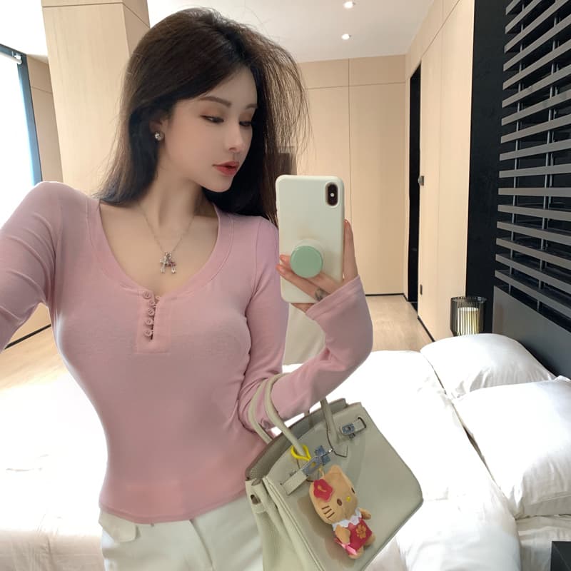 실사 봄 순수한 욕망 부드러운 바람 몸매 가꾸기 V넥 긴팔 티셔츠 인사이드 가져 가라. 편안함 반 개방 칼라 만나는 핫걸 맨위 여성 이미지 2
