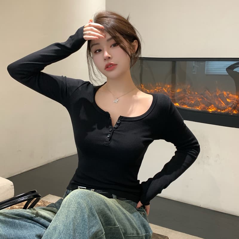 실사 한국 스타일 라운드 넥 단추 순면 티셔츠 여성 긴 소매 봄 아메리칸 핫걸 낮은 네크라인 누출 쇄골 쇼트 스타일 맨위 이미지 4