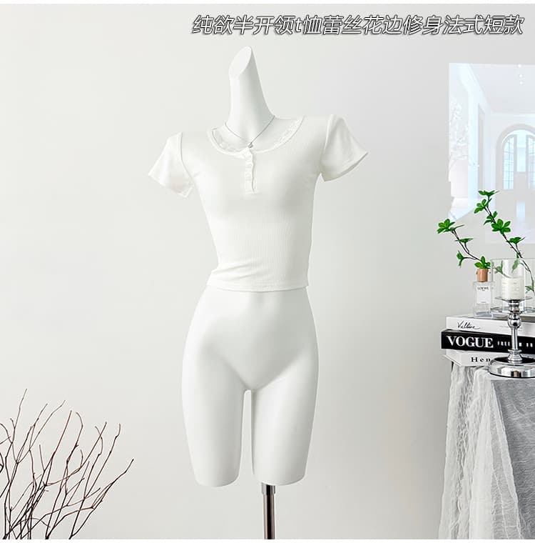 여름 긍정적 인 어깨 패치워크 레이스 레이스 순수한 욕망 반팔 티셔츠 여성 한국 스타일 새로운 디자인 센스 쇼트 스타일 몸매 가꾸기 맨위 상세 이미지 6