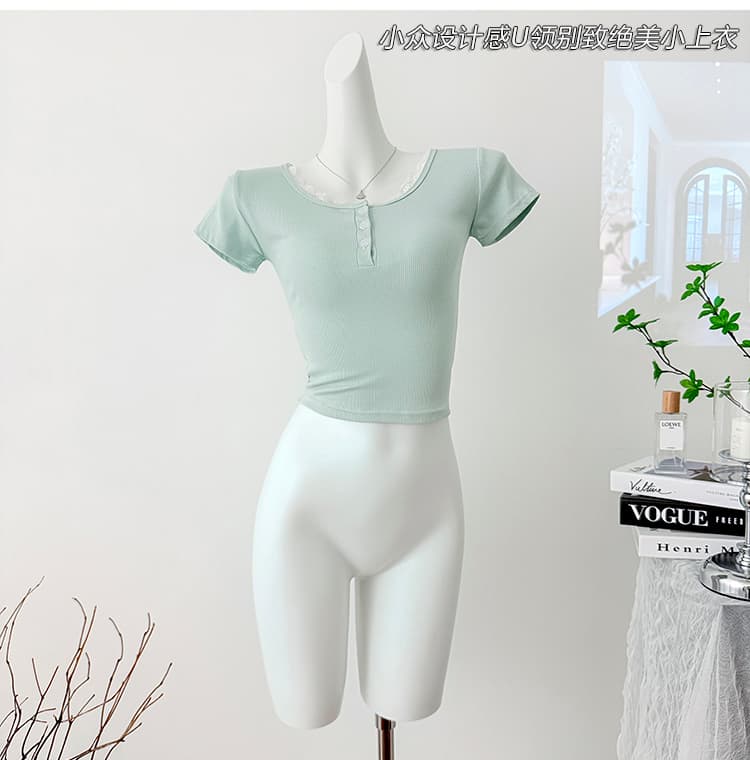 여름 긍정적 인 어깨 패치워크 레이스 레이스 순수한 욕망 반팔 티셔츠 여성 한국 스타일 새로운 디자인 센스 쇼트 스타일 몸매 가꾸기 맨위 상세 이미지 9