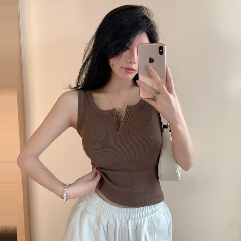 실사 여름 한국 스타일 민소매 슬립 여성 디자인 센스 단추 쇼트 스타일 몸매 가꾸기 리브 조끼 이슬 뼈의 만나는 맨위 이미지 4