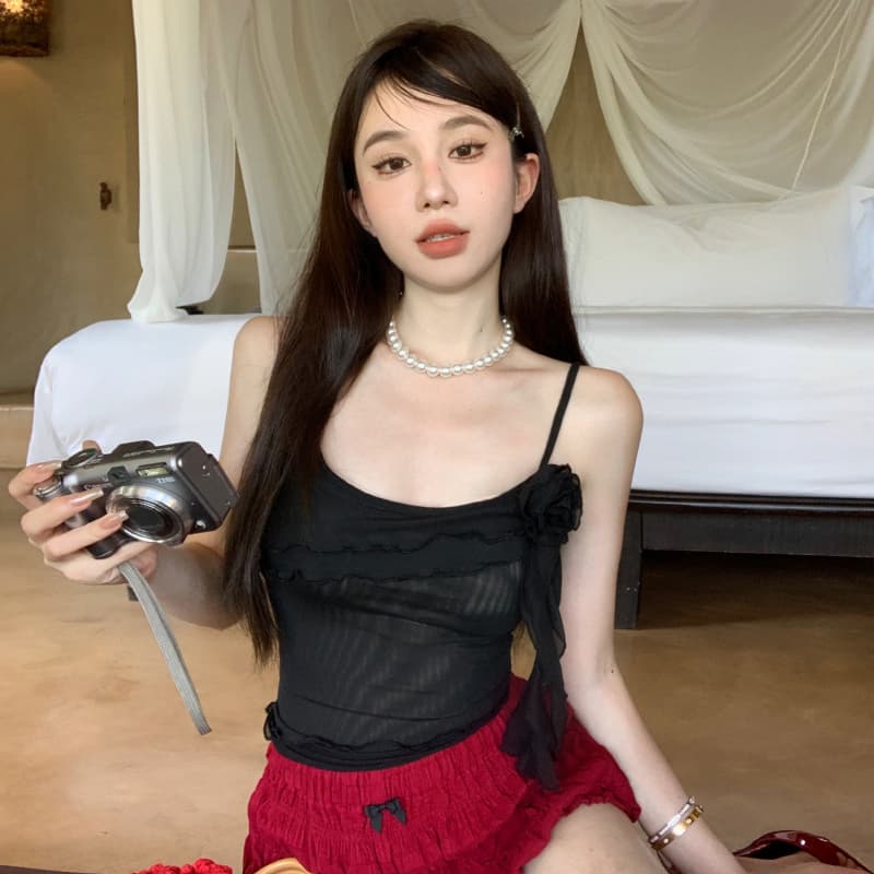 실사 핫걸 3 차원 꽃 디자인 센스 민소매 티셔츠 조끼 프릴 리본 몸매 가꾸기 슬림해 보이는 슬립 맨위 이미지 3