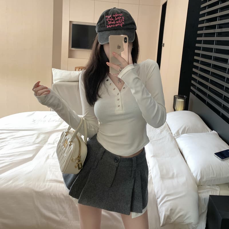 실사 가을 단색 몸매 가꾸기 긍정적 인 어깨 핫걸 품격 V넥 긴팔 티셔츠 허리 수축 기본 셔츠 인사이드 가져 가라. 작은 대중 맨위 이미지 3