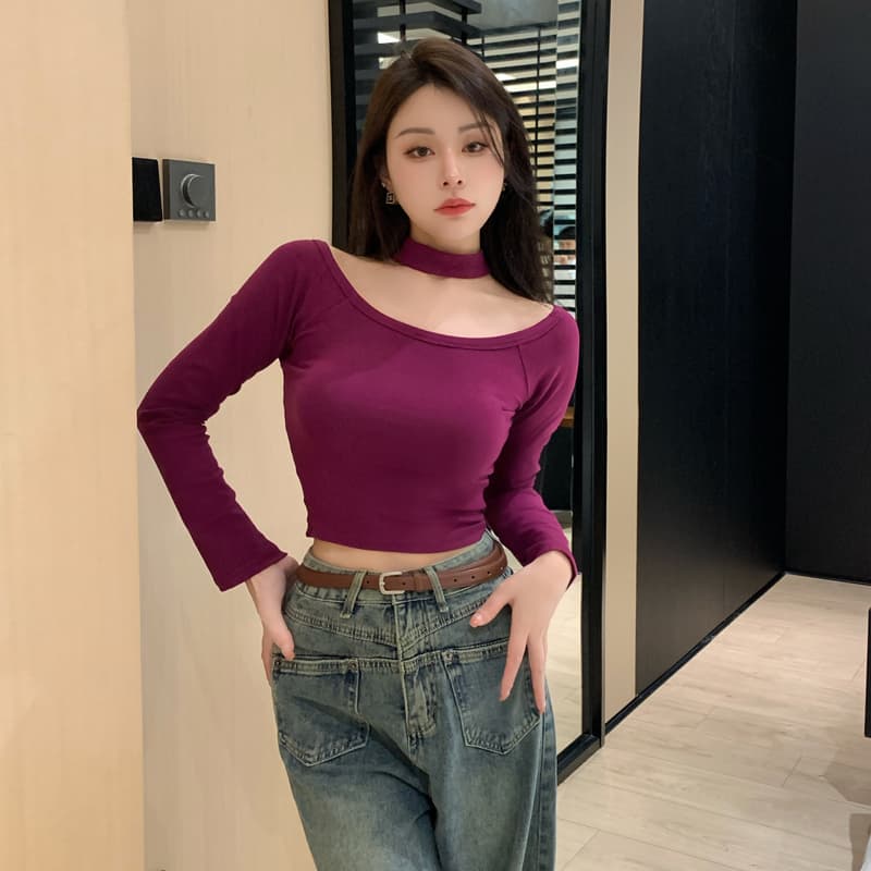 실사 오프숄더 가을 한국 스타일 핫걸 티셔츠 새로운 몸매 가꾸기 슬림해 보이는 쇼트 스타일 오프숄더 행침 목 맨위 만나는 여성