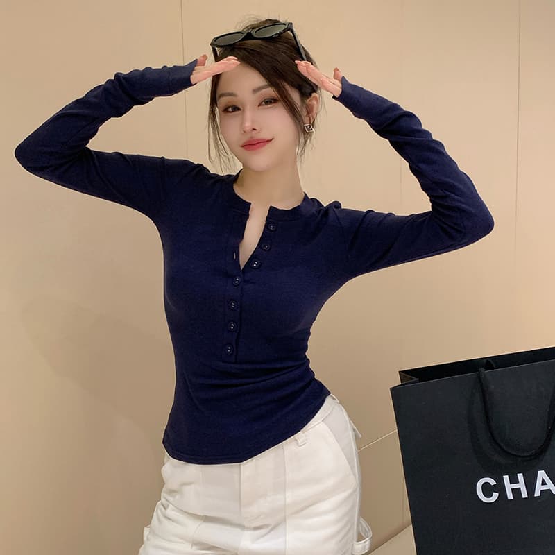 실사 가을 인사이드 가져 가라. 긍정적 인 어깨 단추 반 개방 칼라 긴팔 티셔츠 몸매 가꾸기 슬림해 보이는 섹시함 기본 셔츠 맨위 여성 이미지 3