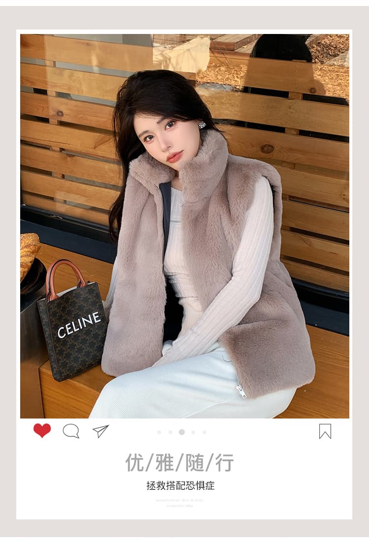 실사 겨울 새로운 작은 키 모조 모피 베스트 여성 짧은 몸매 가꾸기 스탠드 칼라 조끼 모방 수달 모피 재킷 상세 이미지 2