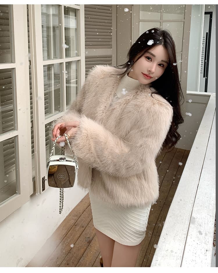 실사 환경 보호 모피 쇼트 스타일 V넥 모방 여우털 단색 한국 스타일 새로운 영 패션 모피 코트 재킷 상세 이미지 19