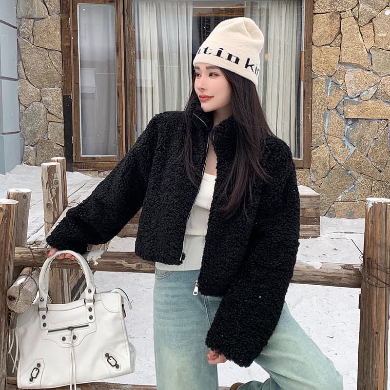 실사 한국 스타일 모방 양털 재킷 겨울 스탠드 칼라 캐주얼 루즈핏 쇼트 스타일 재킷 오픈 가디건 환경 보호 모피 재킷