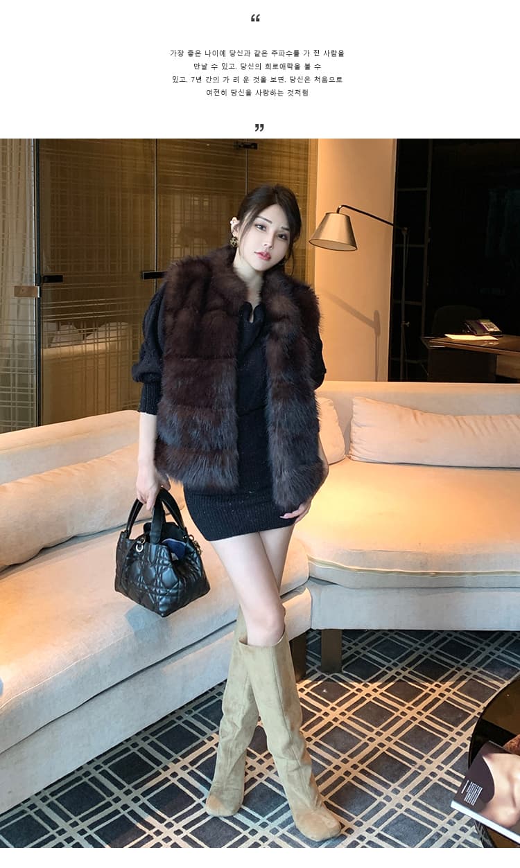 실사 겨울 스탠드 칼라 작은 키 세련된 환경 보호 여우털 여성 코트 패션 슬림해 보이는 레트로 베스트 모조 모피 상세 이미지 10