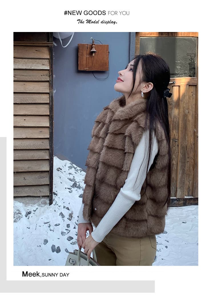 실사 레트로 스타일 스탠드 칼라 모방 밍크 코트 조끼 여자 가을 겨울 작은 키 보온 민소매 환경 보호 모피 지퍼 재킷 상세 이미지 26