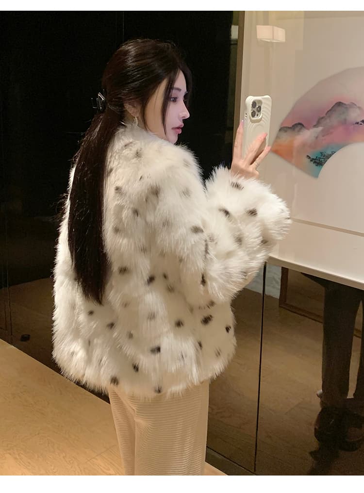 실사 스탠드 칼라 새로운 한국 스타일 환경 보호 모피 모방 여우털 무거운 작업 레오파드 무늬 모피 여성 코트 영 섹션 모피 상세 이미지 19