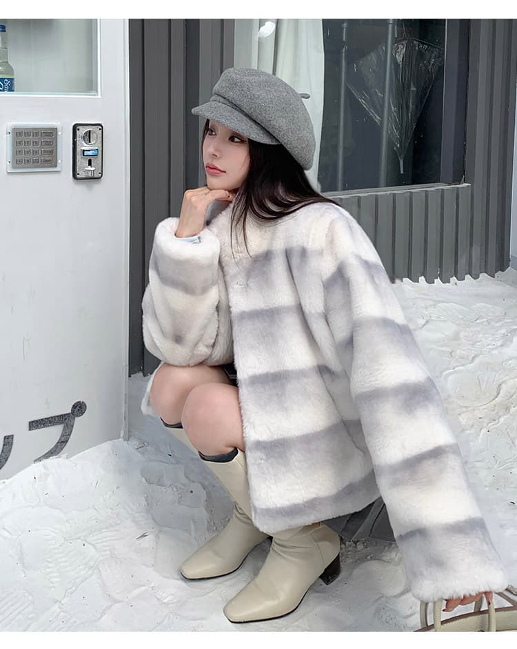 실사 겨울 새로운 모방 렉스 토끼 모피 더블 색상 그라데이션 렌더링 쇼트 스타일 스탠드 칼라 한국 스타일 모피 외투 여성 상세 이미지 30