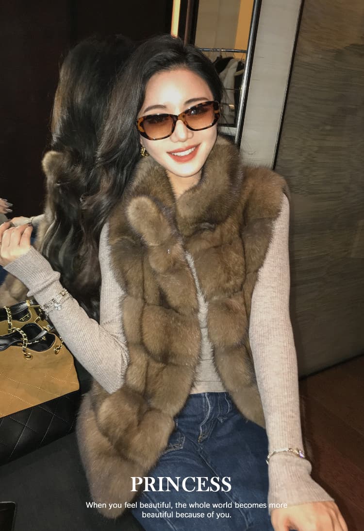 한국 스타일 헤일로 염색 더블 색상 스탠드 칼라 모방 모피 겨울 재킷 가져 오기 환경 보호 전체 가죽 여우털 모피 조끼 여자 상세 이미지 14