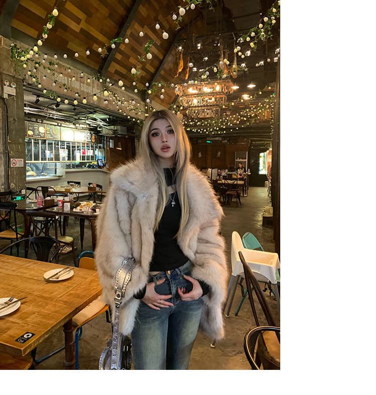 겨울 터틀넥 중간 길이 보온 모피 코트 모방 여우털 환경 보호 염색 마오쩌뚱 폴로 칼라 모피 여성 코트 상세 이미지 10