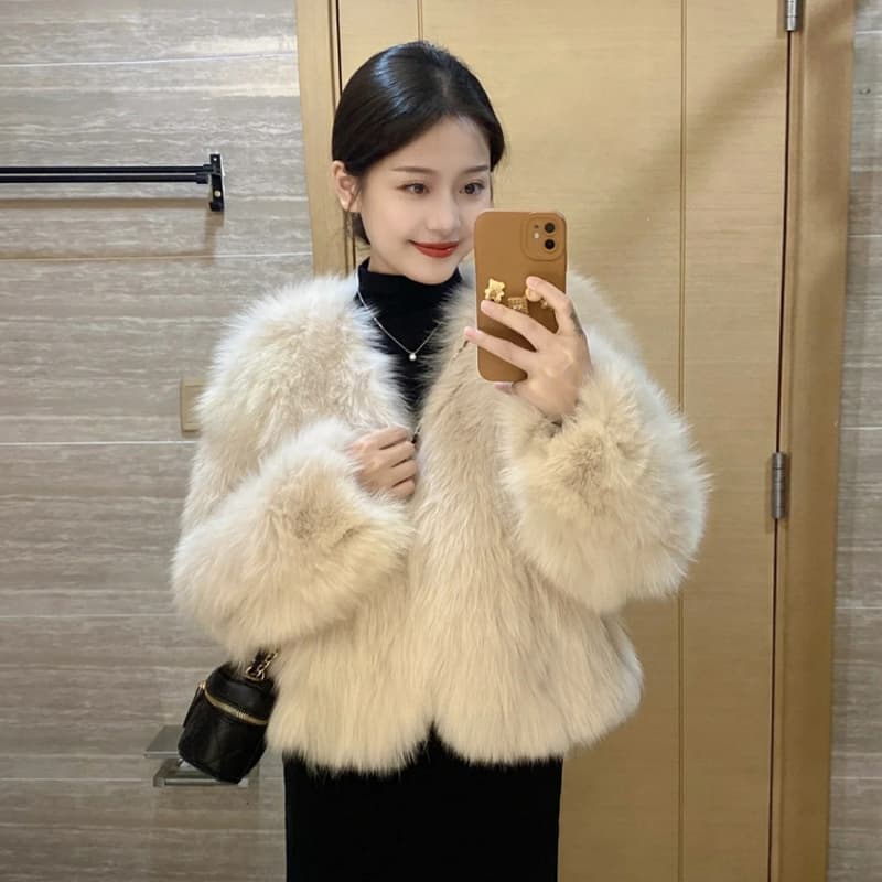 한국 스타일 겨울 새로운 모방 여우털 모피 영 섹션 솜을 넣은 환경 보호 모피 V넥 작은 키 슬림해 보이는 재킷 이미지 3
