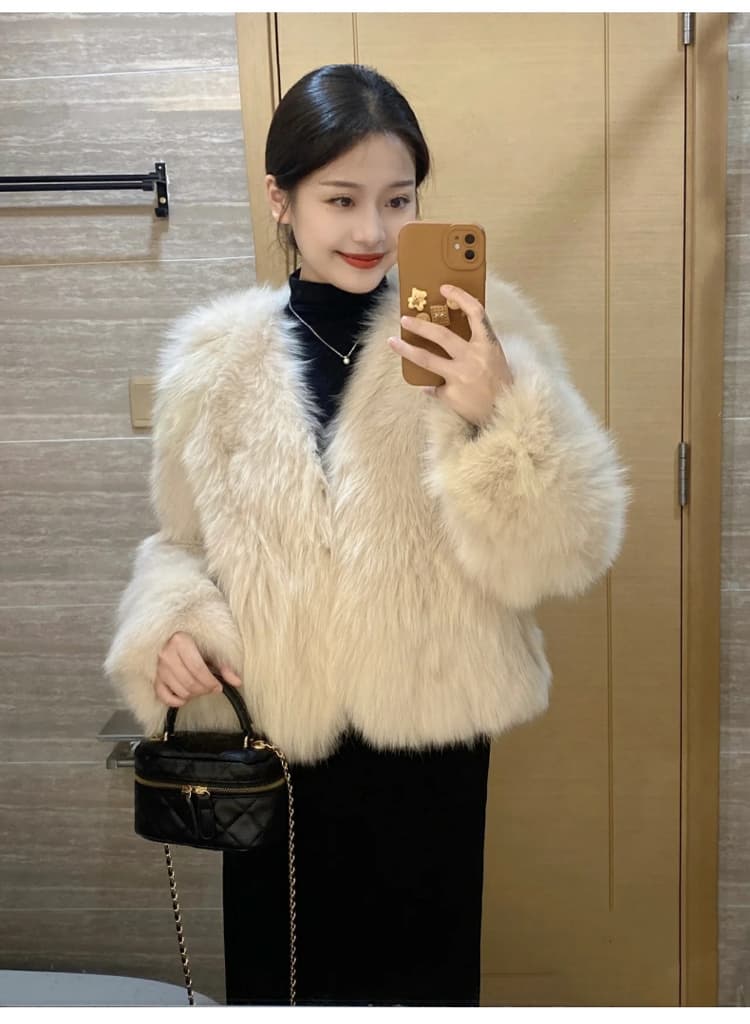 한국 스타일 겨울 새로운 모방 여우털 모피 영 섹션 솜을 넣은 환경 보호 모피 V넥 작은 키 슬림해 보이는 재킷 상세 이미지 4