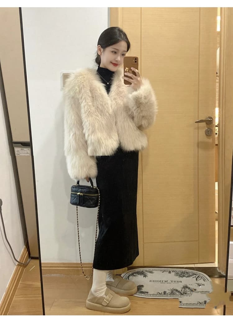 한국 스타일 겨울 새로운 모방 여우털 모피 영 섹션 솜을 넣은 환경 보호 모피 V넥 작은 키 슬림해 보이는 재킷 상세 이미지 5