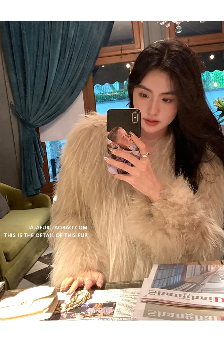 천 골드 작은 우유 동물 오소리 같은 환경 보호 너구리 모피 모피 배색 품격 영 섹션 한국 스타일 쇼트 스타일 모피 여성 코트 상세 이미지 4