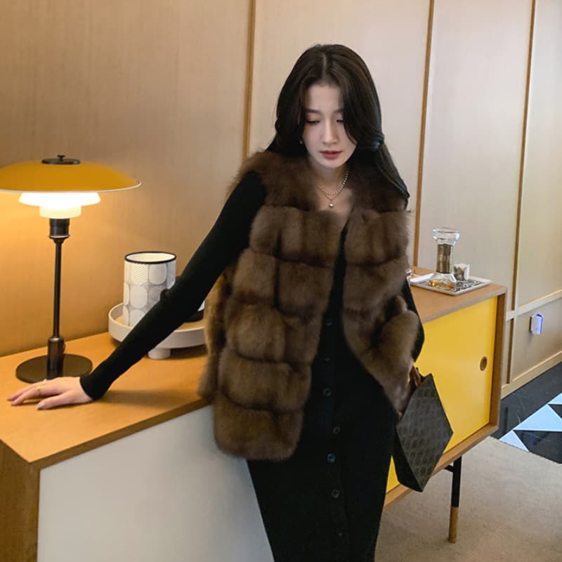 겨울 한국 스타일 라운드 넥 자반 코트 베스트 환경 보호 수달 모피 전체 fall 레트로 새로운 주머니 베스트 재킷 이미지 2